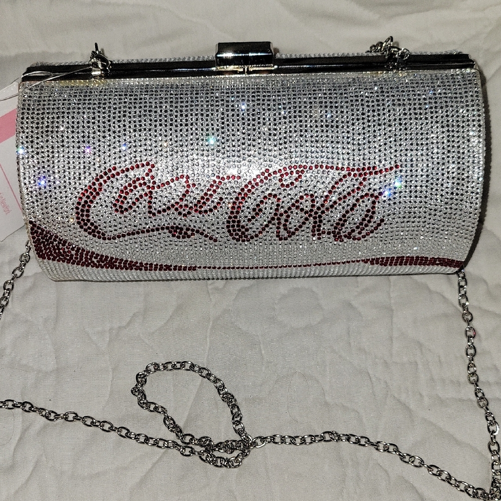 NWT Vanity  Cola Rhinestone Silver and Red Clutch W/ Chain Strap
